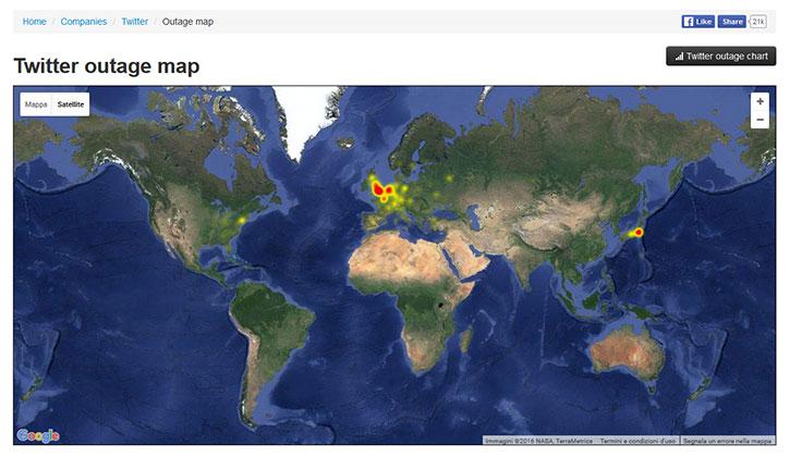 La mappa con le segnalazioni mondiali sul down di Twitter