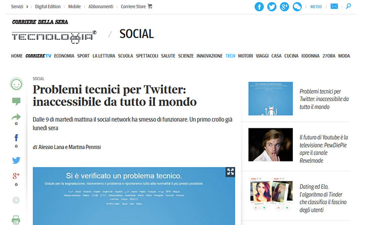 Articolo sul Corriere.it del down di Twitter del 19 gennaio 2016