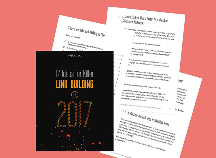 La copertina e il contenuto dell'ebook 17 ideas for killer Link Building